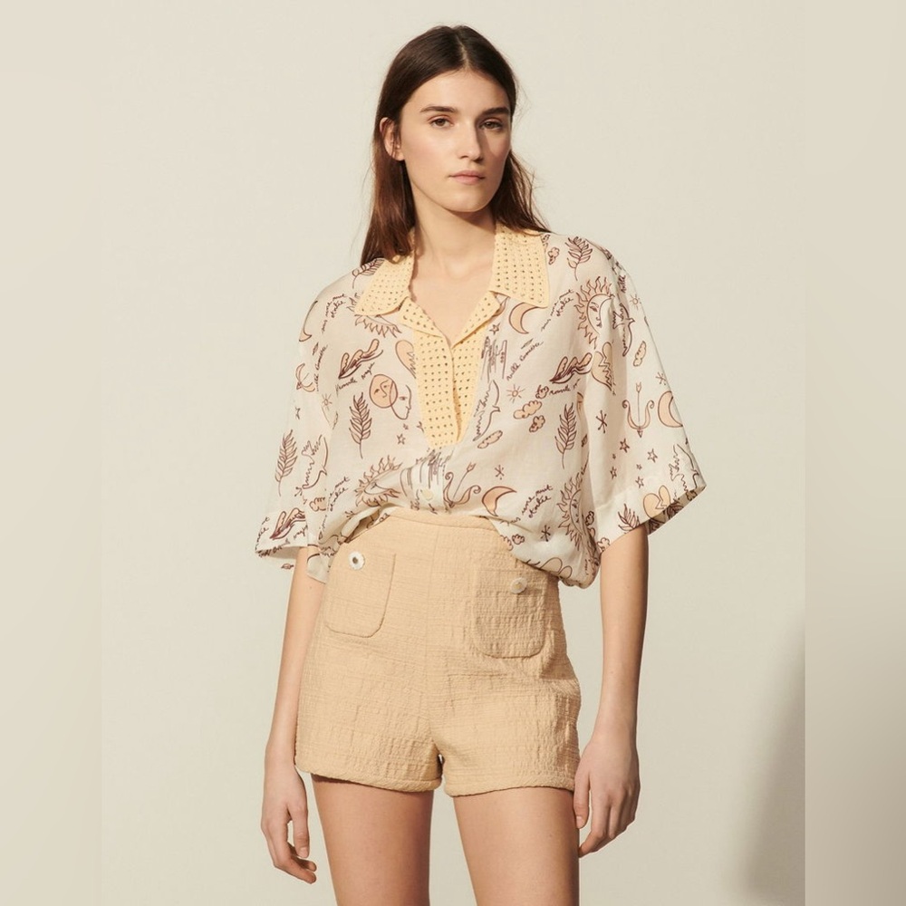 Sandro Paris Nicole Print Crochet Short Sleeve Top Blouse
Sheer
Linen Blend
$350